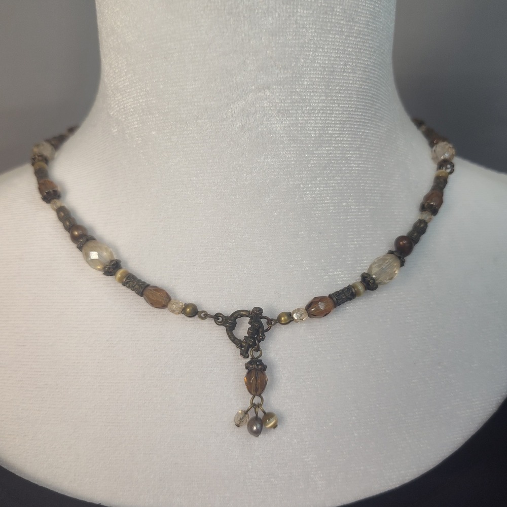 Vintage Style Beaded Choker Necklace Bronze Amber Earth Tones 20 Inch Adjustable